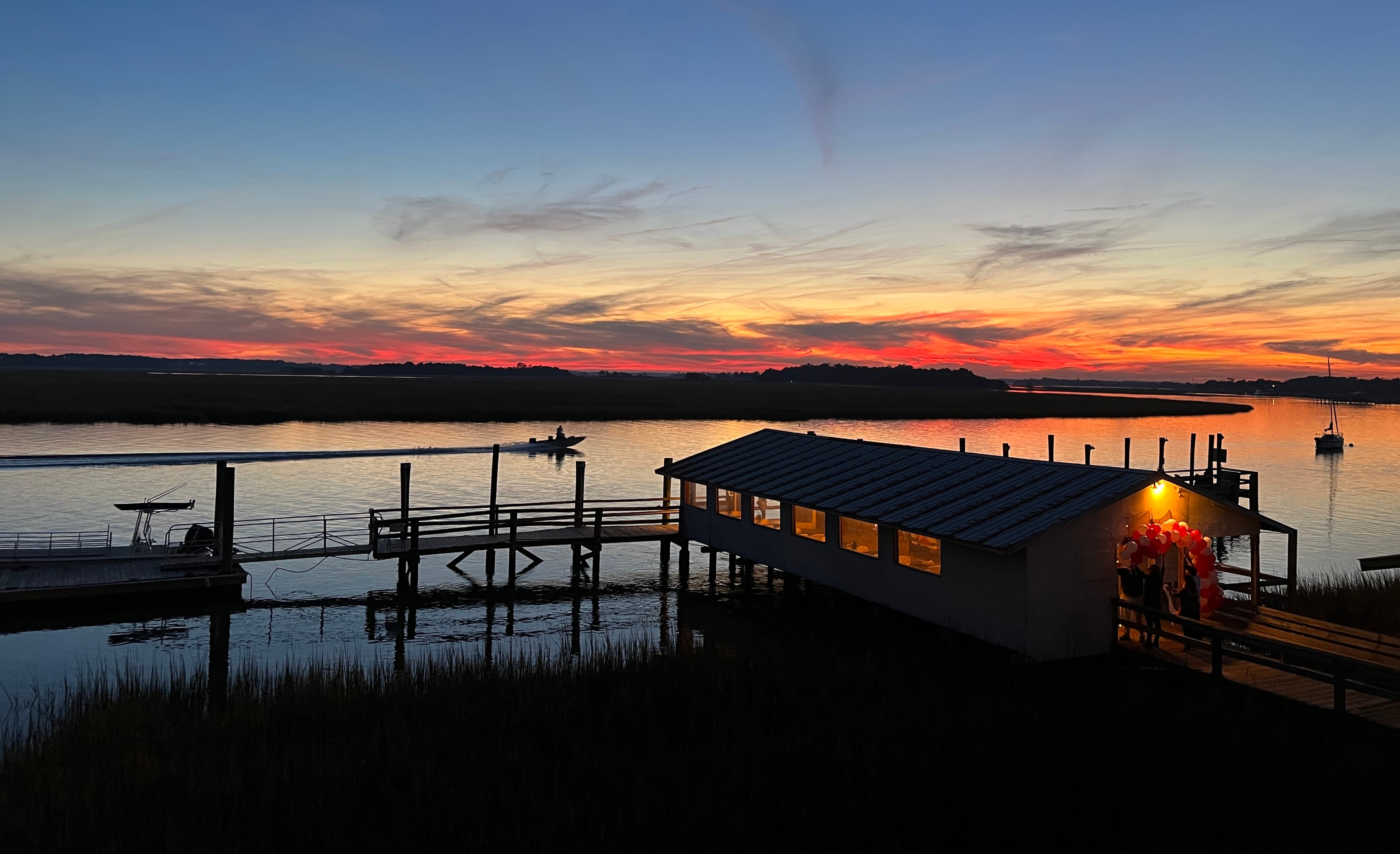 Sunset view from Bowens Island Restaurant