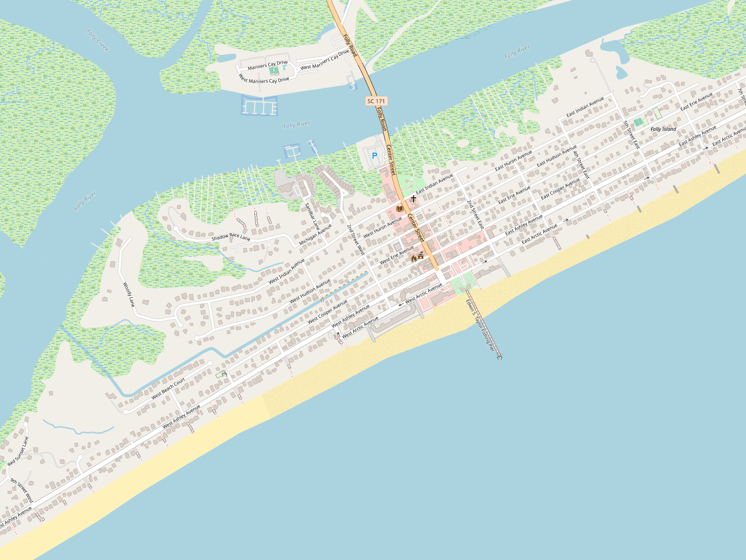 Map of the western end of Folly Beach. 16 Turtle Bay sits on Sandbar Lane beside the Folly River, with Center Street and the Atlantic beach to the south-east.